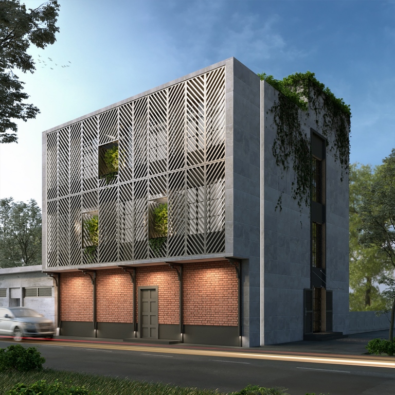 concrete facade panels on building elevation, Alka group, office, Rishit Bhandari, lakend hotel, Udaipur, concept, design and interiors, red brick design studio